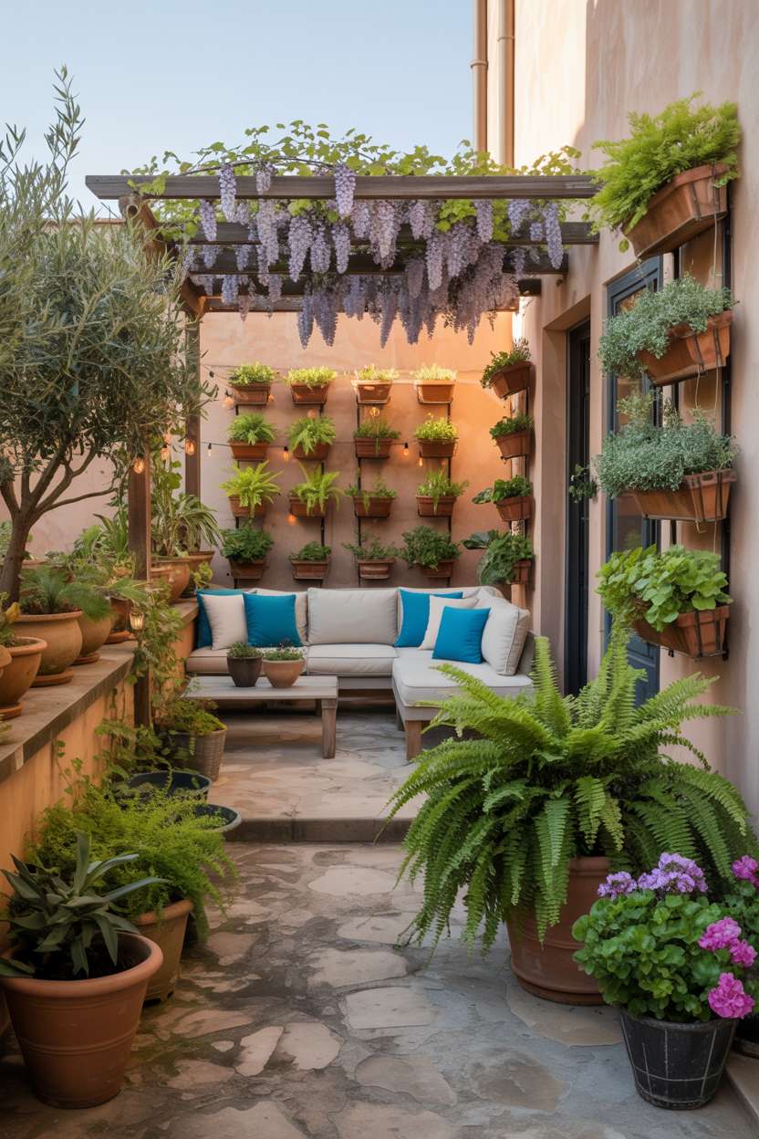29 Inspiring Terrace Garden Design Ideas You’ll Want to Try 15 Sectional sofa with turquoise cushions under wisteria-covered pergola, surrounded by terracotta pots and vertical planters with string lights