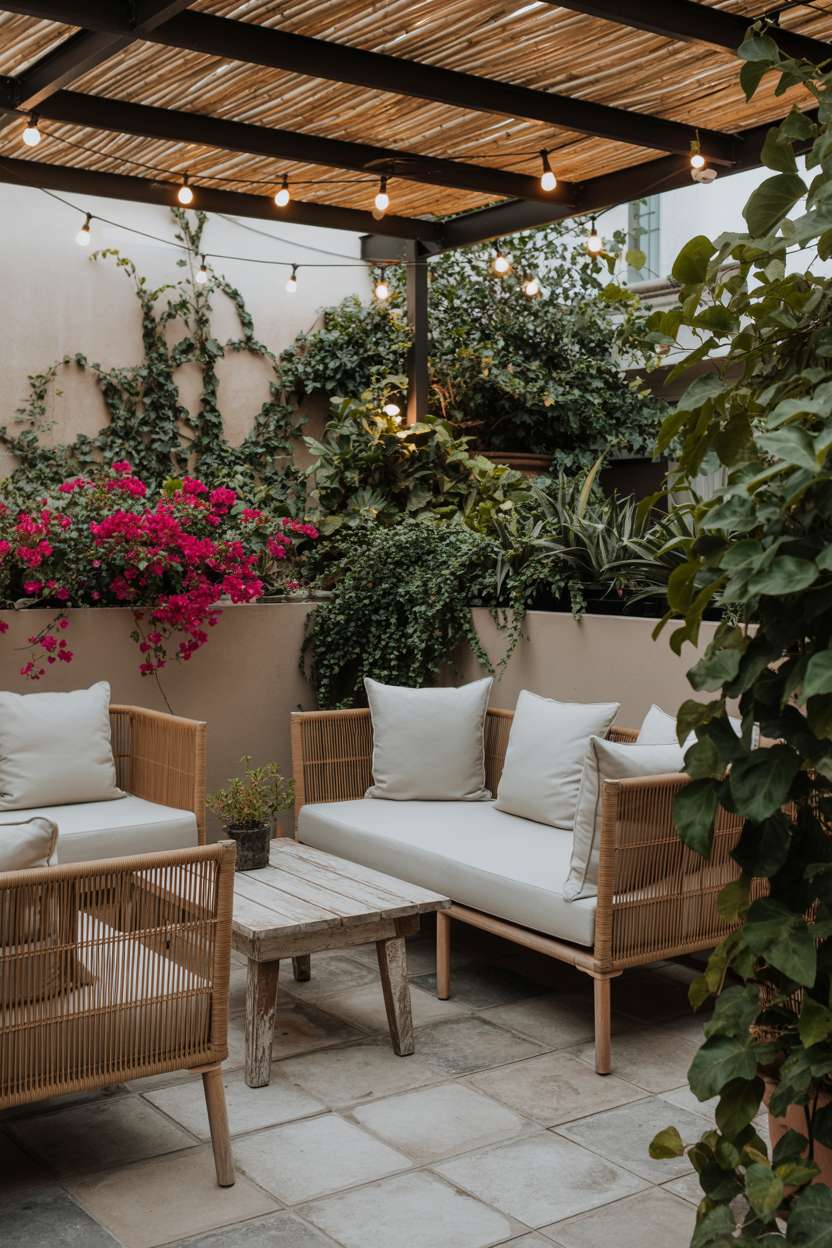 29 Inspiring Terrace Garden Design Ideas You’ll Want to Try 16 Woven rattan seating with cream cushions around weathered wooden table, bougainvillea planters, and bamboo shade structure