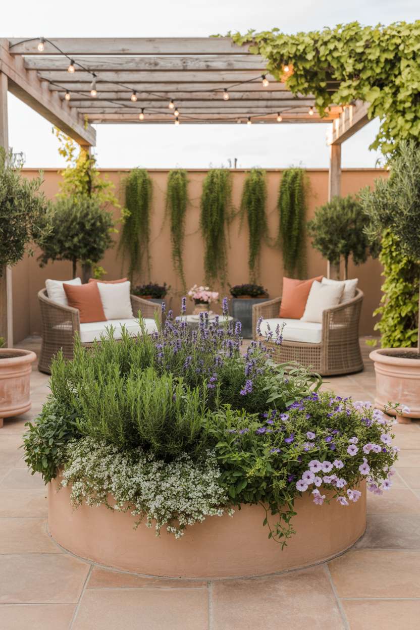 29 Inspiring Terrace Garden Design Ideas You’ll Want to Try 17 Circular raised bed with lavender, rosemary, and petunias surrounded by outdoor chairs under jasmine-draped pergola with string lights