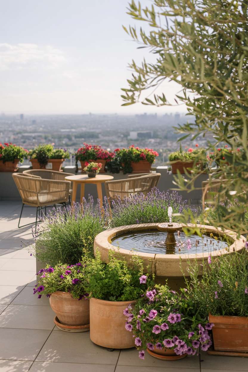 29 Inspiring Terrace Garden Design Ideas You’ll Want to Try 18 Stone fountain surrounded by purple lavender and petunias in terracotta planters with rattan seating overlooking city skyline