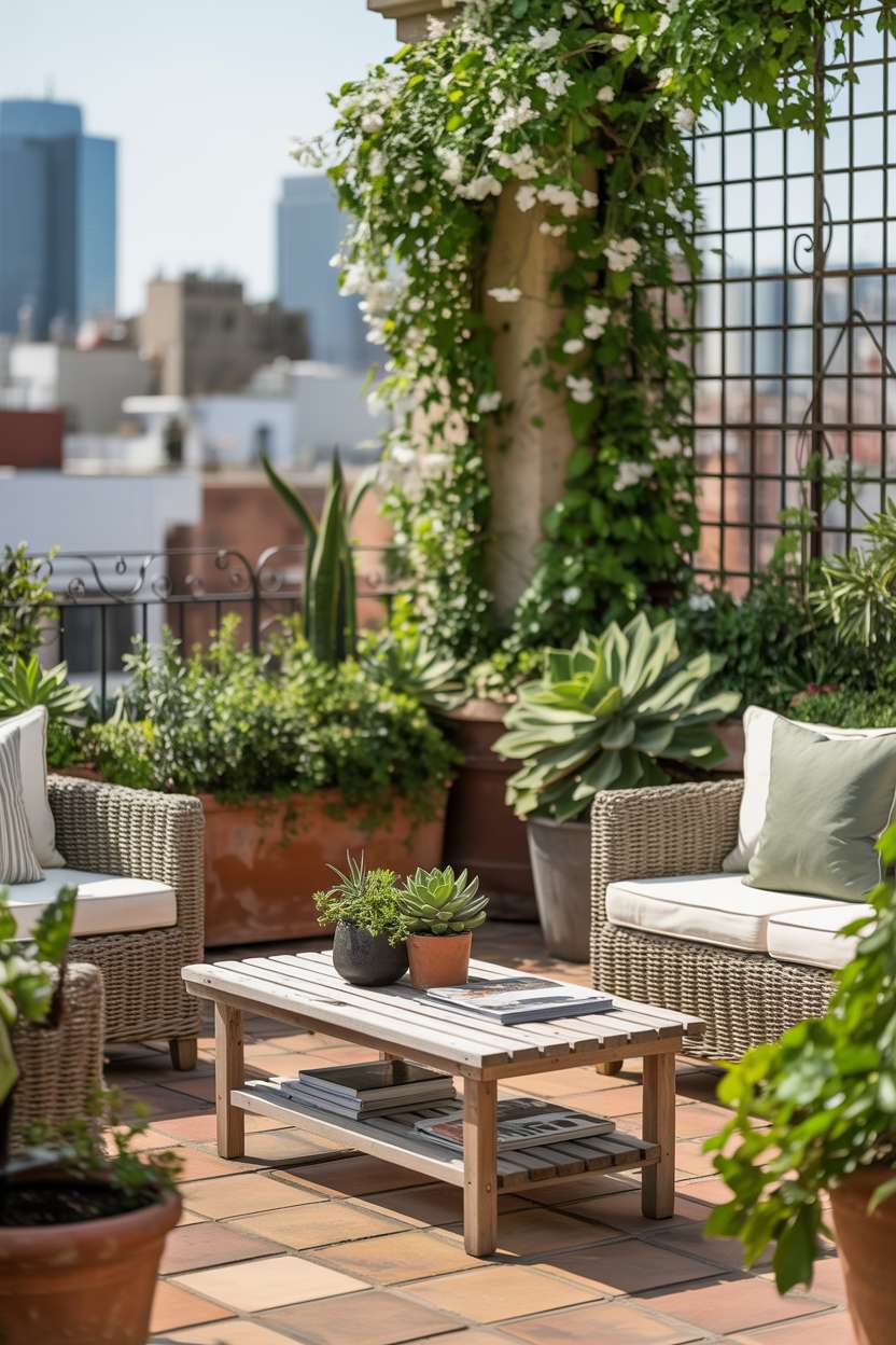 29 Inspiring Terrace Garden Design Ideas You’ll Want to Try 19 Rattan seating around wooden coffee table with climbing jasmine on trellis, terracotta planters, and city view through iron railing