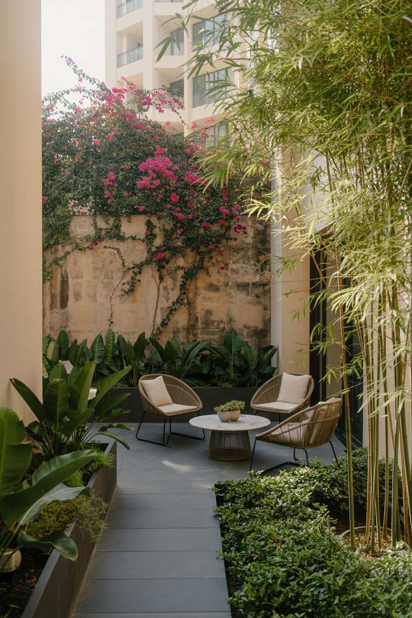 29 Inspiring Terrace Garden Design Ideas You’ll Want to Try 20 Dark gray stone pathway leading to rattan seating area with bougainvillea cascading over brick wall and bamboo privacy screens