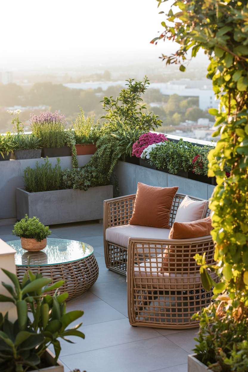 29 Inspiring Terrace Garden Design Ideas You’ll Want to Try 21 Rattan seating with glass-top table surrounded by concrete planters with lavender, rosemary, and trailing vines on rooftop