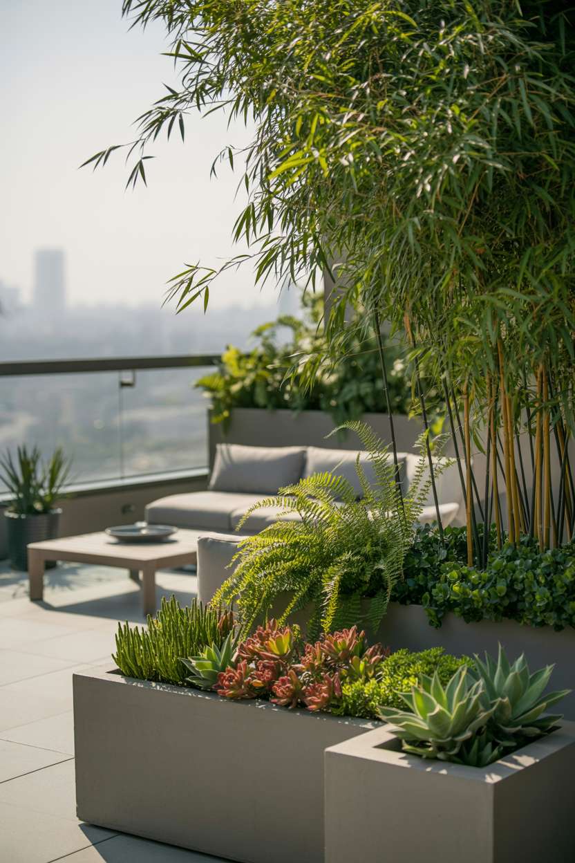 29 Inspiring Terrace Garden Design Ideas You’ll Want to Try 22 Gray lounge chairs and wooden table surrounded by geometric arrangements of bamboo, ferns, and succulents with glass railing
