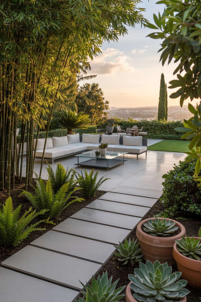 29 Inspiring Terrace Garden Design Ideas You’ll Want to Try 23 White sectional sofa and glass coffee table on winding stone path surrounded by bamboo, ferns, and succulents overlooking lawn and cityscape