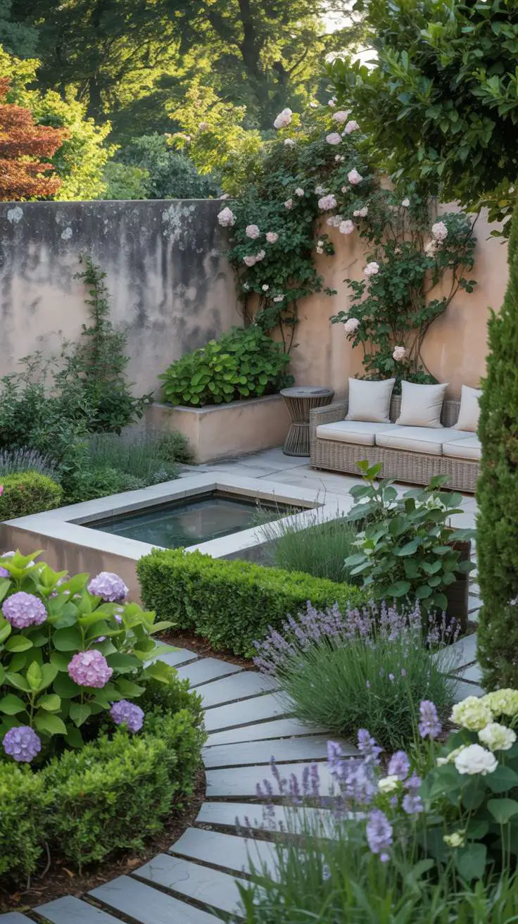 29 Inspiring Terrace Garden Design Ideas You’ll Want to Try 24 Multi-tiered garden with stone path through hydrangeas, lavender, and roses, wicker seating near rectangular reflecting pool