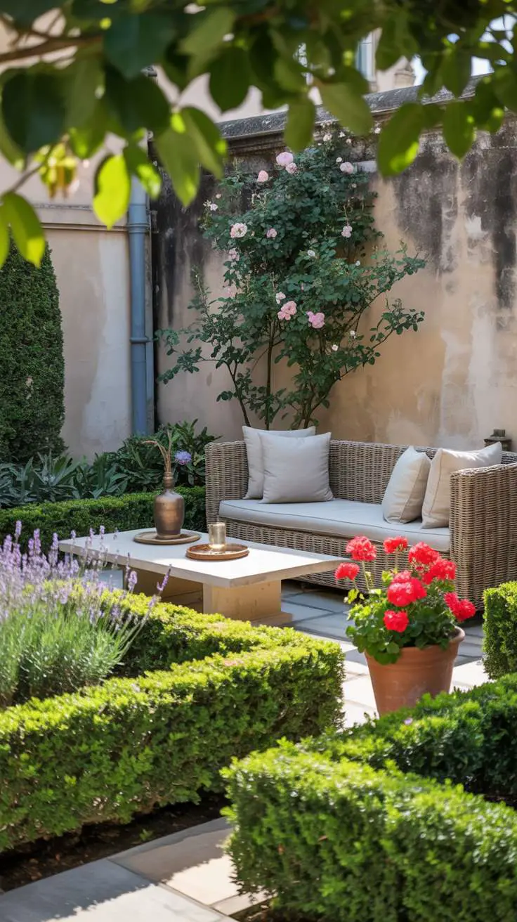 29 Inspiring Terrace Garden Design Ideas You’ll Want to Try 25 Geometric boxwood hedges with lavender and red geraniums in terracotta pots, rattan sofa around stone coffee table