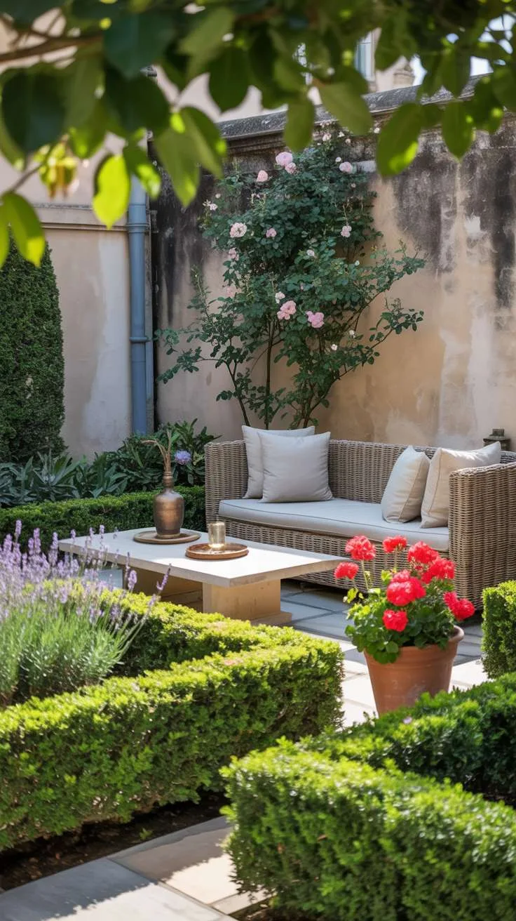 29 Inspiring Terrace Garden Design Ideas You’ll Want to Try 25 Geometric boxwood hedges with lavender and red geraniums in terracotta pots, rattan sofa around stone coffee table