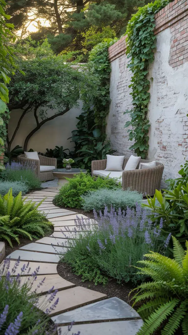 29 Inspiring Terrace Garden Design Ideas You’ll Want to Try 26 Stone pathway bordered by lavender, ferns, and ivy against weathered brick wall with wicker seating areas