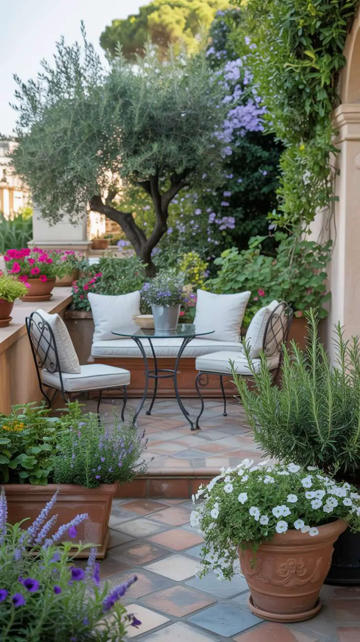 29 Inspiring Terrace Garden Design Ideas You’ll Want to Try 27 Wrought iron bistro set with stone pathway through terracotta planters of petunias, rosemary, and lavender with climbing jasmine backdrop