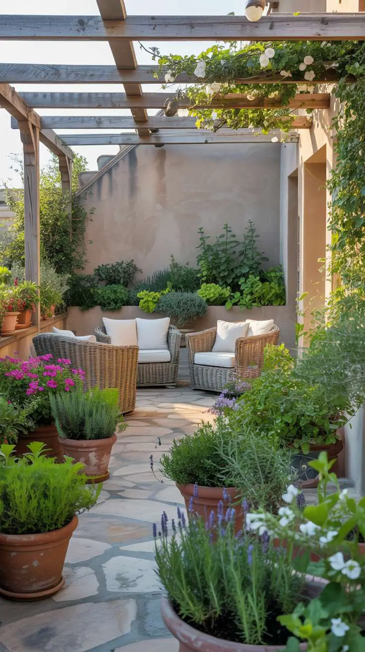 29 Inspiring Terrace Garden Design Ideas You’ll Want to Try 28 Wicker seating under jasmine-covered pergola with stone pathway, herb beds, and varied potted plants in afternoon light