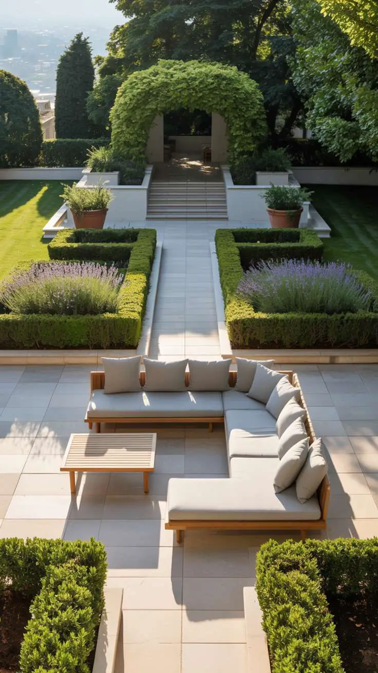 29 Inspiring Terrace Garden Design Ideas You’ll Want to Try 29 Gray sectional sofa with white cushions and teak coffee table surrounded by boxwood hedges, lavender, and ivy planters overlooking cityscape