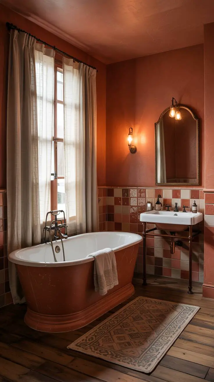 23 Gorgeous Terracotta Bathroom Ideas for Warm Vibes 1 A stylish terracotta bathroom featuring a freestanding bathtub surrounded by wooden floors and earthy-toned tiles