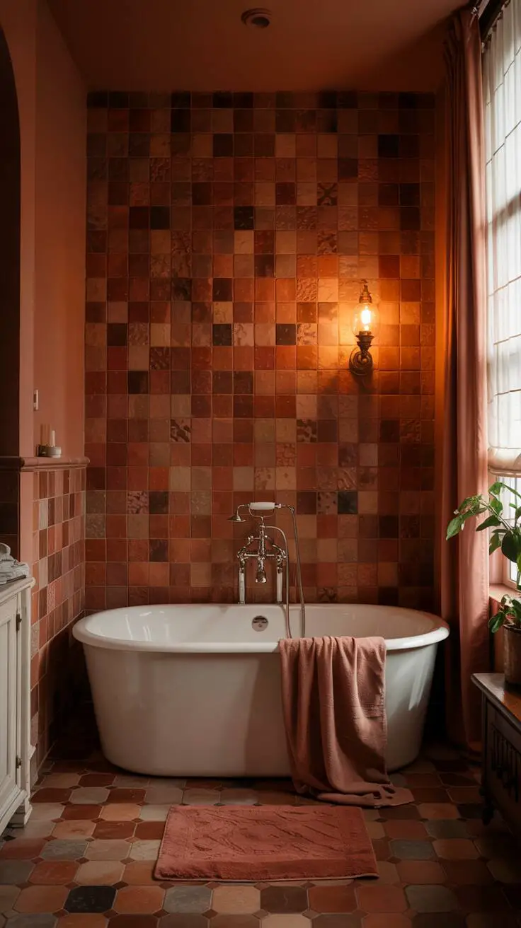 23 Gorgeous Terracotta Bathroom Ideas for Warm Vibes 2 A cozy bathroom with textured terracotta wall tiles, hexagonal floor tiles, and a white freestanding bathtub
