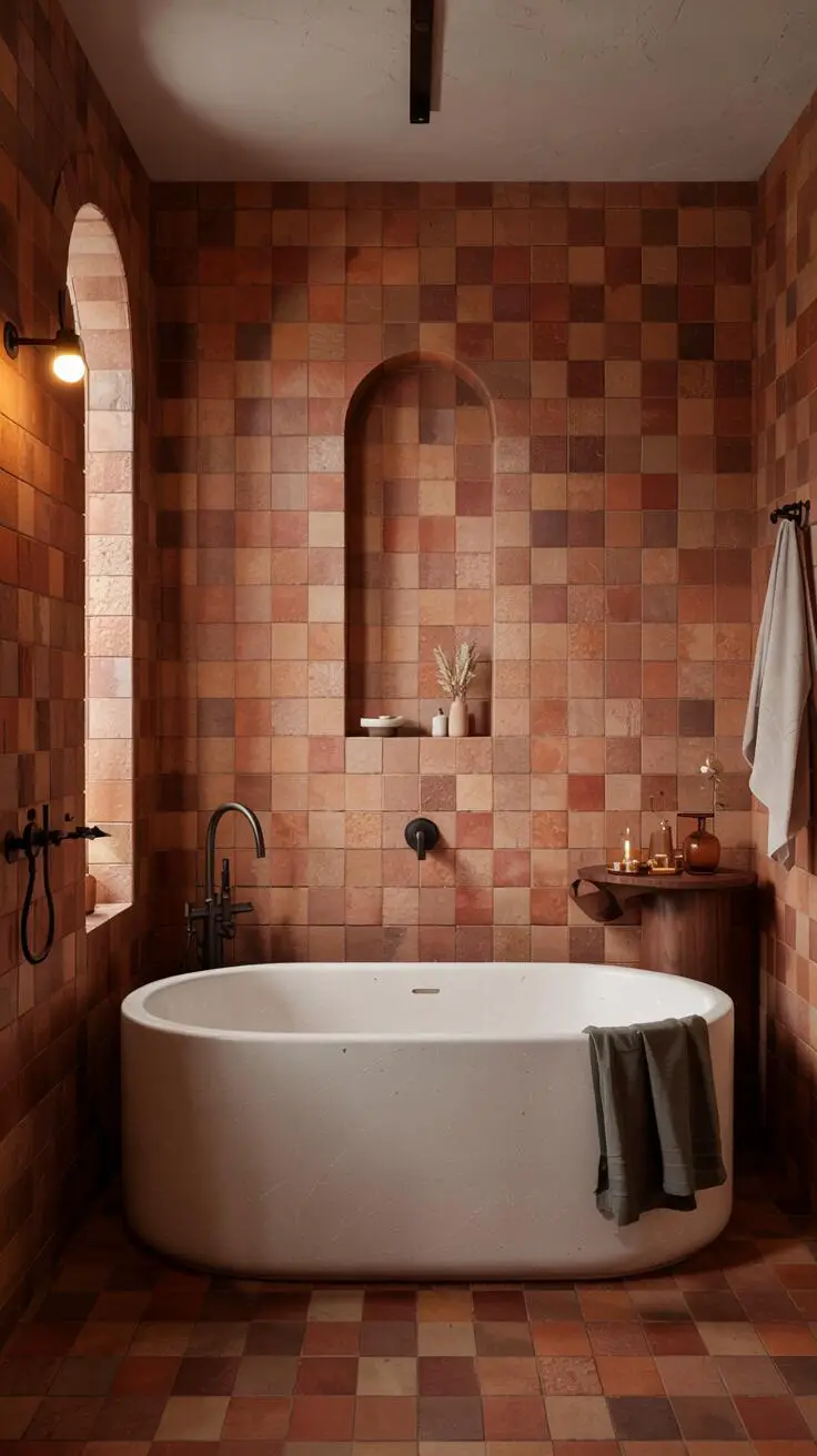 23 Gorgeous Terracotta Bathroom Ideas for Warm Vibes 3 A modern bathroom with terracotta floor and wall tiles featuring a central freestanding bathtub with black fixtures