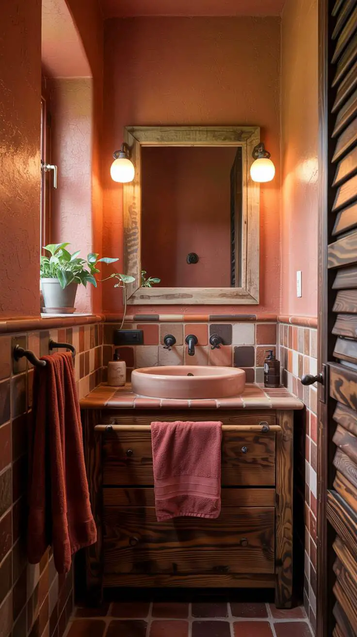 23 Gorgeous Terracotta Bathroom Ideas for Warm Vibes 4 A cozy terracotta bathroom with rich tile walls, rustic wooden vanity, burgundy towels, and a small plant
