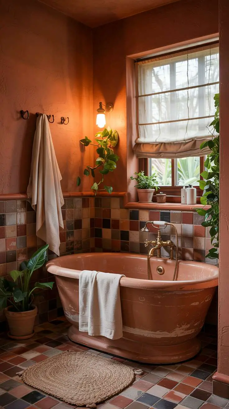 23 Gorgeous Terracotta Bathroom Ideas for Warm Vibes 5 A bathroom featuring a large freestanding terracotta bathtub surrounded by textured tiles and decorated with plants