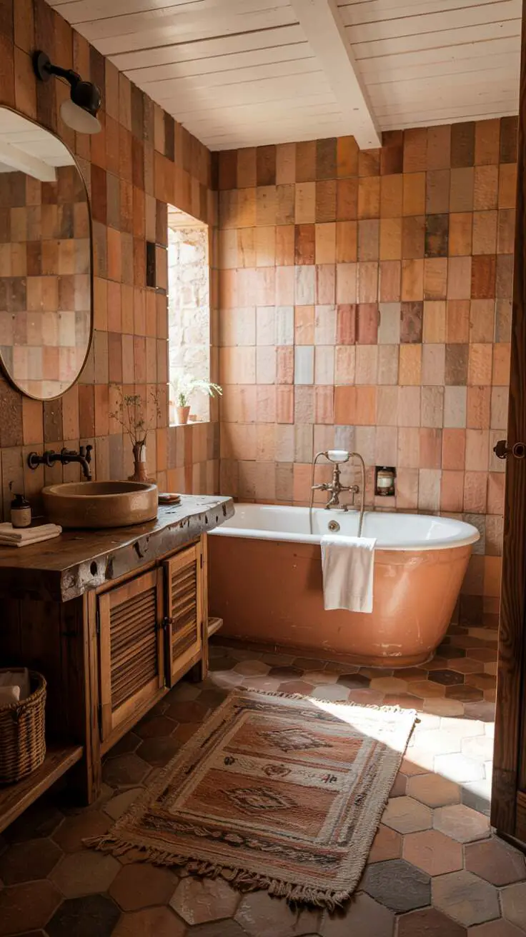 23 Gorgeous Terracotta Bathroom Ideas for Warm Vibes 6 A cozy bathroom with terracotta wall tiles, hexagonal floor tiles, rustic wooden vanity, and a freestanding bathtub