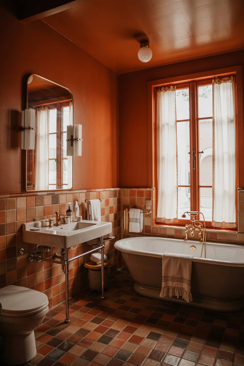 23 Gorgeous Terracotta Bathroom Ideas for Warm Vibes 7 A stylish bathroom with terracotta tiles, a white bathtub with gold fixtures, a modern sink, and a sheer-curtained window