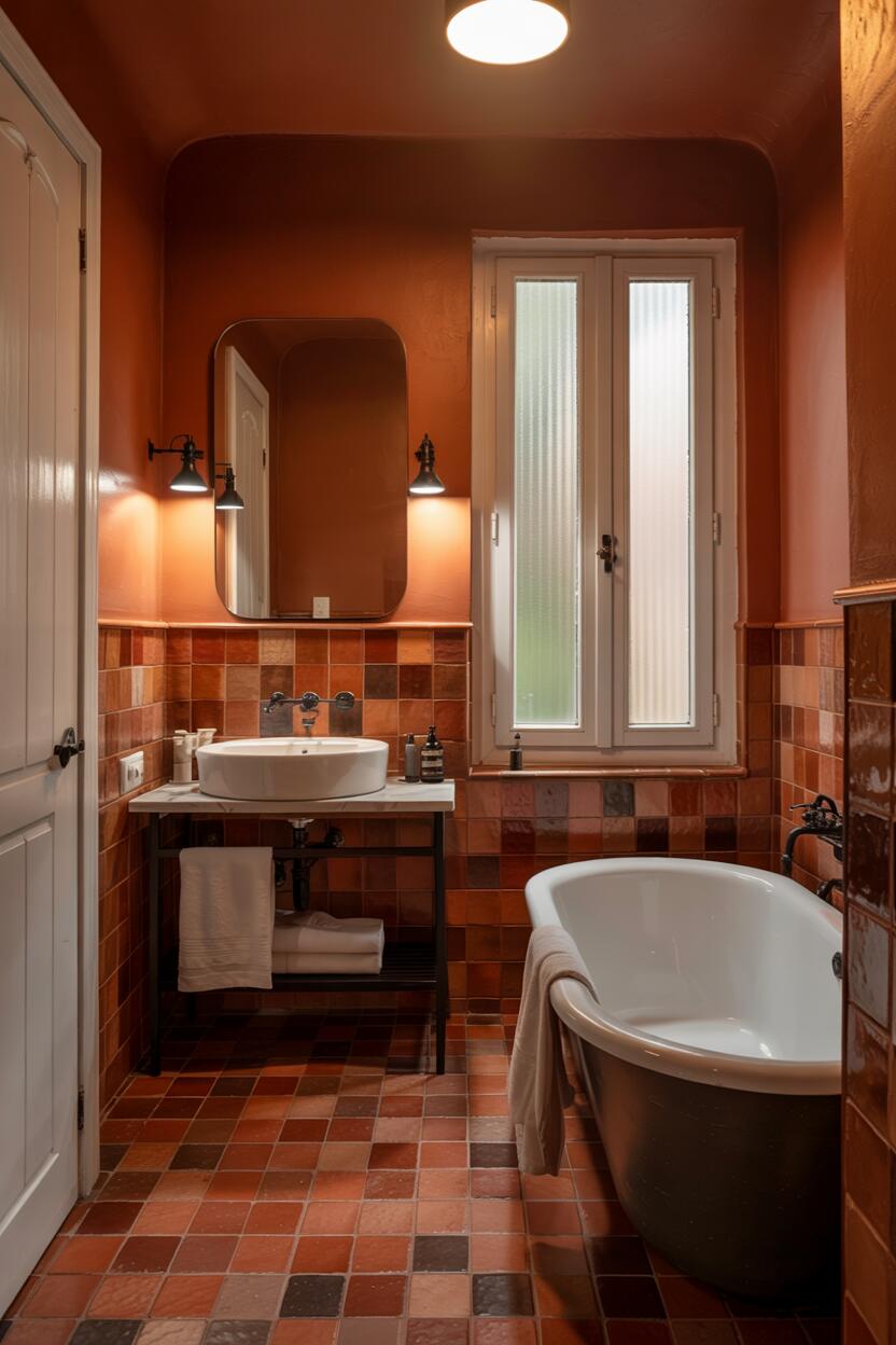 23 Gorgeous Terracotta Bathroom Ideas for Warm Vibes 8 A tranquil bathroom with terracotta wall and floor tiles featuring a white sink, freestanding bathtub, and soft ambient lighting