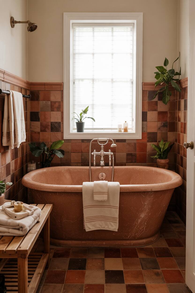 23 Gorgeous Terracotta Bathroom Ideas for Warm Vibes 9 A stylish bathroom centered around a textured terracotta freestanding bathtub with cream towels and potted plants