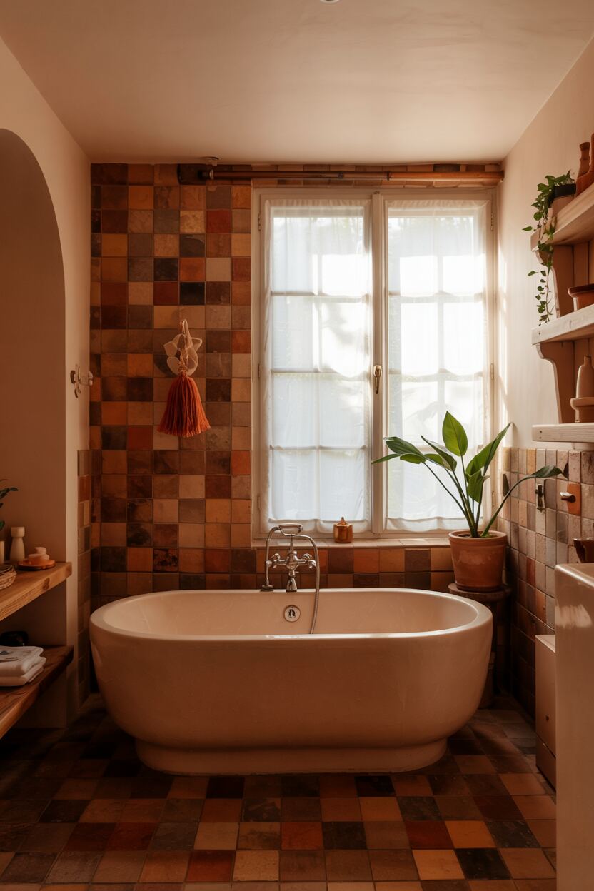 23 Gorgeous Terracotta Bathroom Ideas for Warm Vibes 10 A stylish bathroom featuring a smooth terracotta bathtub, varying shades of terracotta wall tiles, wooden shelves, and green plants