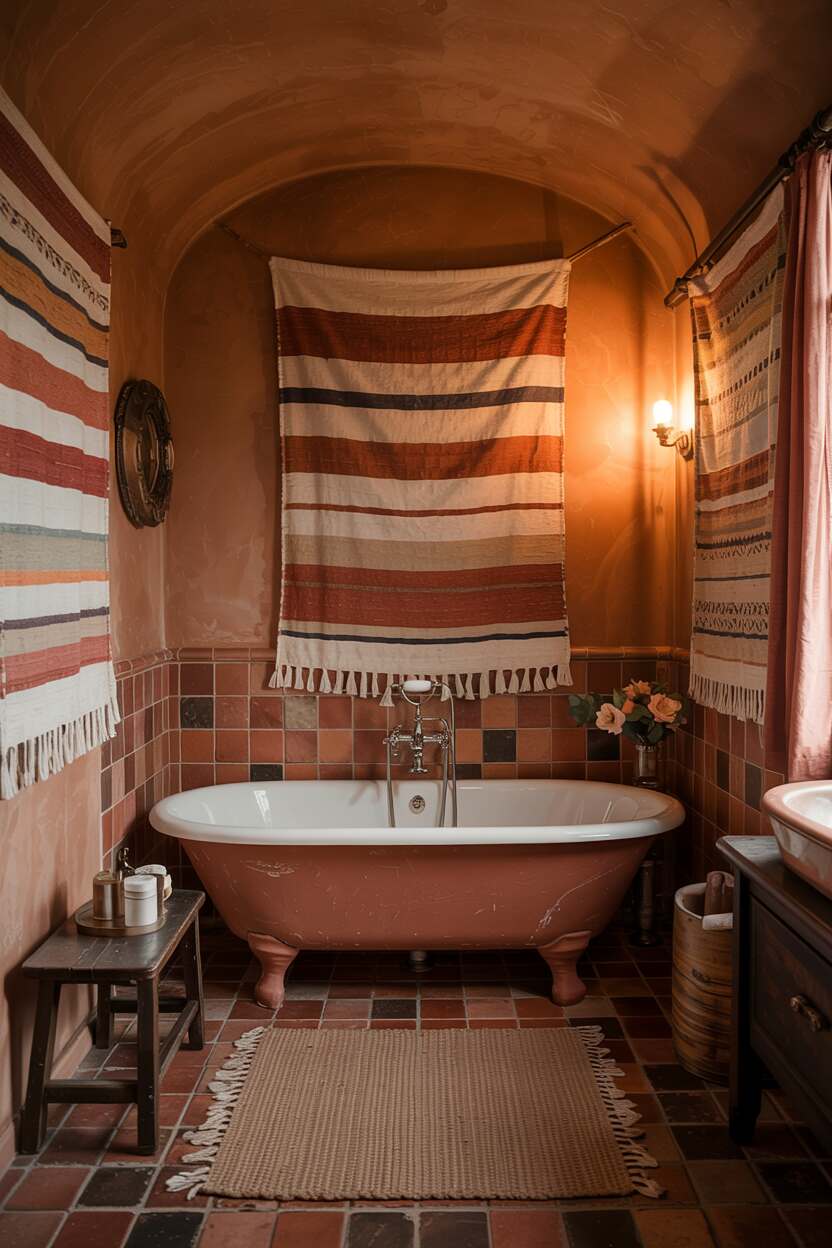 23 Gorgeous Terracotta Bathroom Ideas for Warm Vibes 11 A cozy bathroom with terracotta tiles, a central claw-foot bathtub, wooden bench, woven tapestries, and vintage vanity