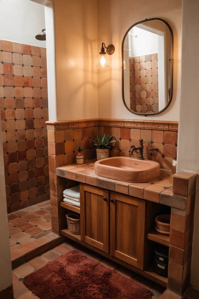 23 Gorgeous Terracotta Bathroom Ideas for Warm Vibes 12 A cozy bathroom featuring a terracotta sink with wooden vanity, geometric patterned tiles, rust-colored bath mat, and a small succulent