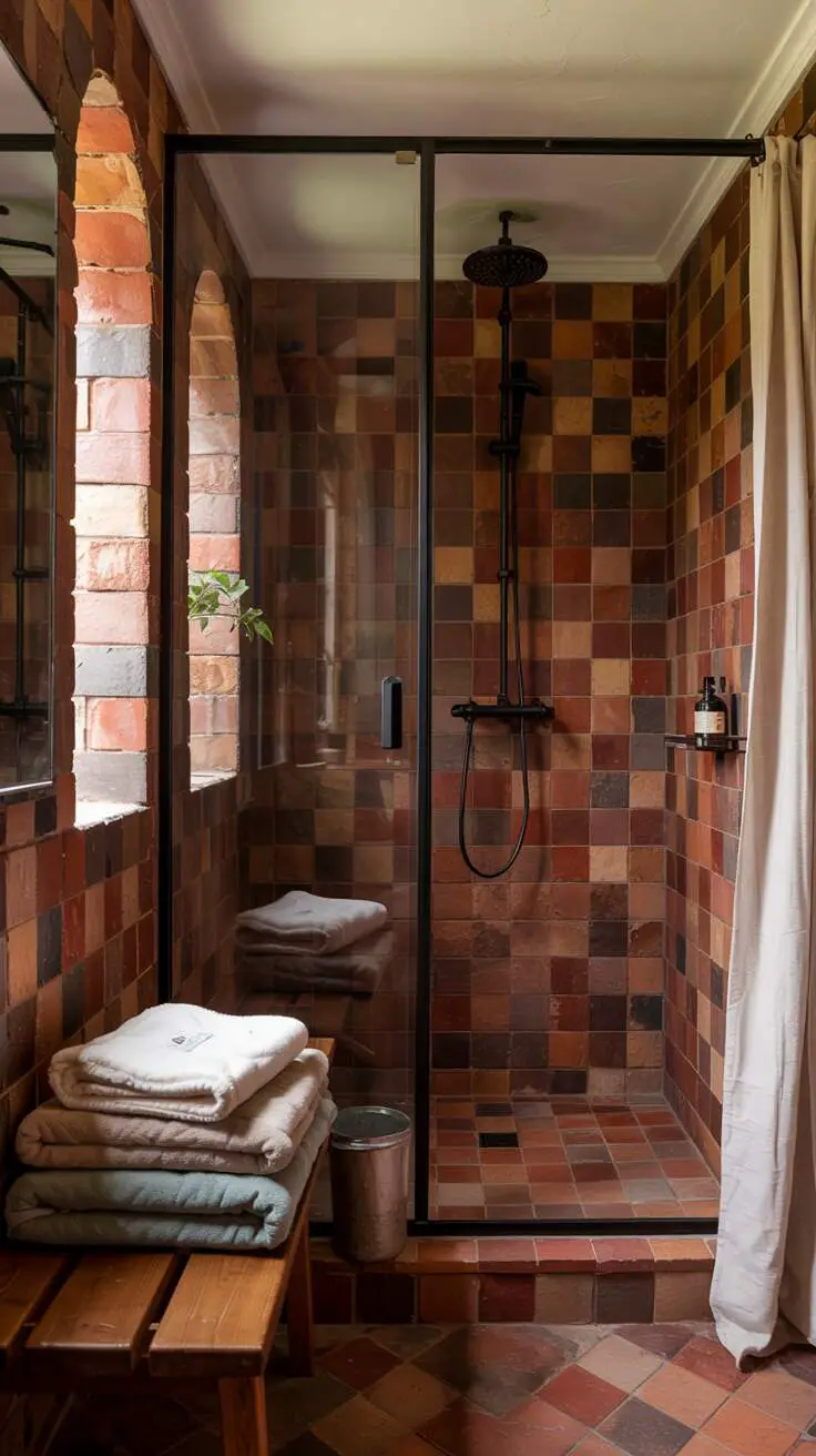 23 Gorgeous Terracotta Bathroom Ideas for Warm Vibes 13 A stylish bathroom with terracotta tiles transitioning from dark to light, featuring a glass-enclosed shower, chrome fixtures, and a frosted window