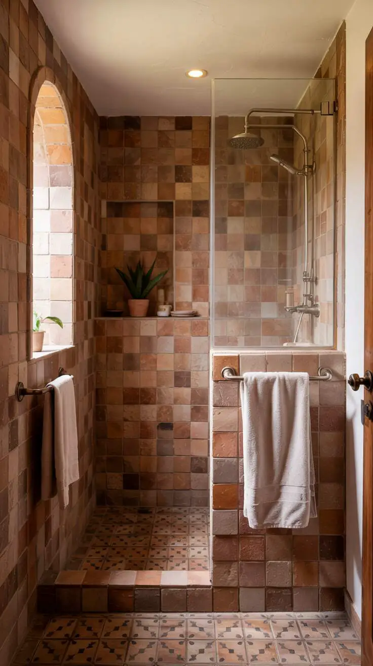 23 Gorgeous Terracotta Bathroom Ideas for Warm Vibes 14 A stylish bathroom with terracotta wall tiles, patterned mosaic floor, frameless glass shower, and a small succulent