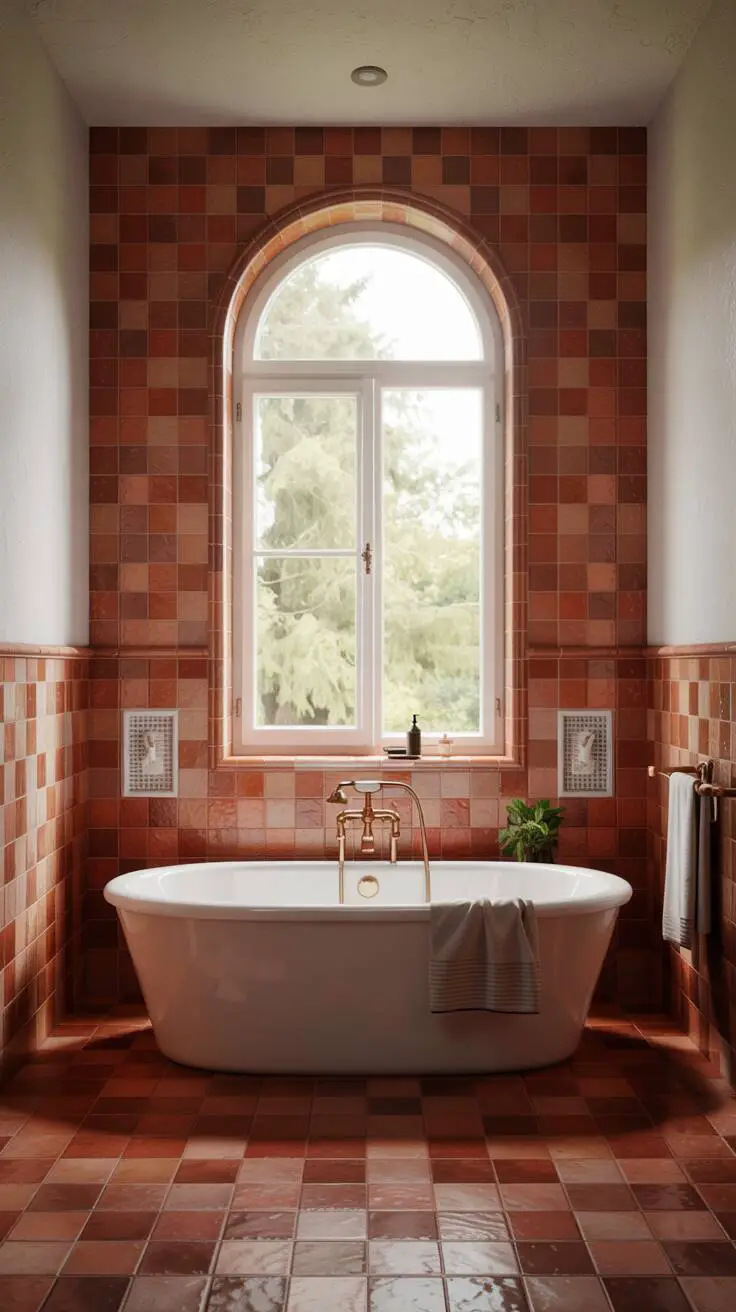 23 Gorgeous Terracotta Bathroom Ideas for Warm Vibes 15 A stylish terracotta bathroom featuring a modern bathtub positioned in front of an arched window with mixed terracotta and white tiles