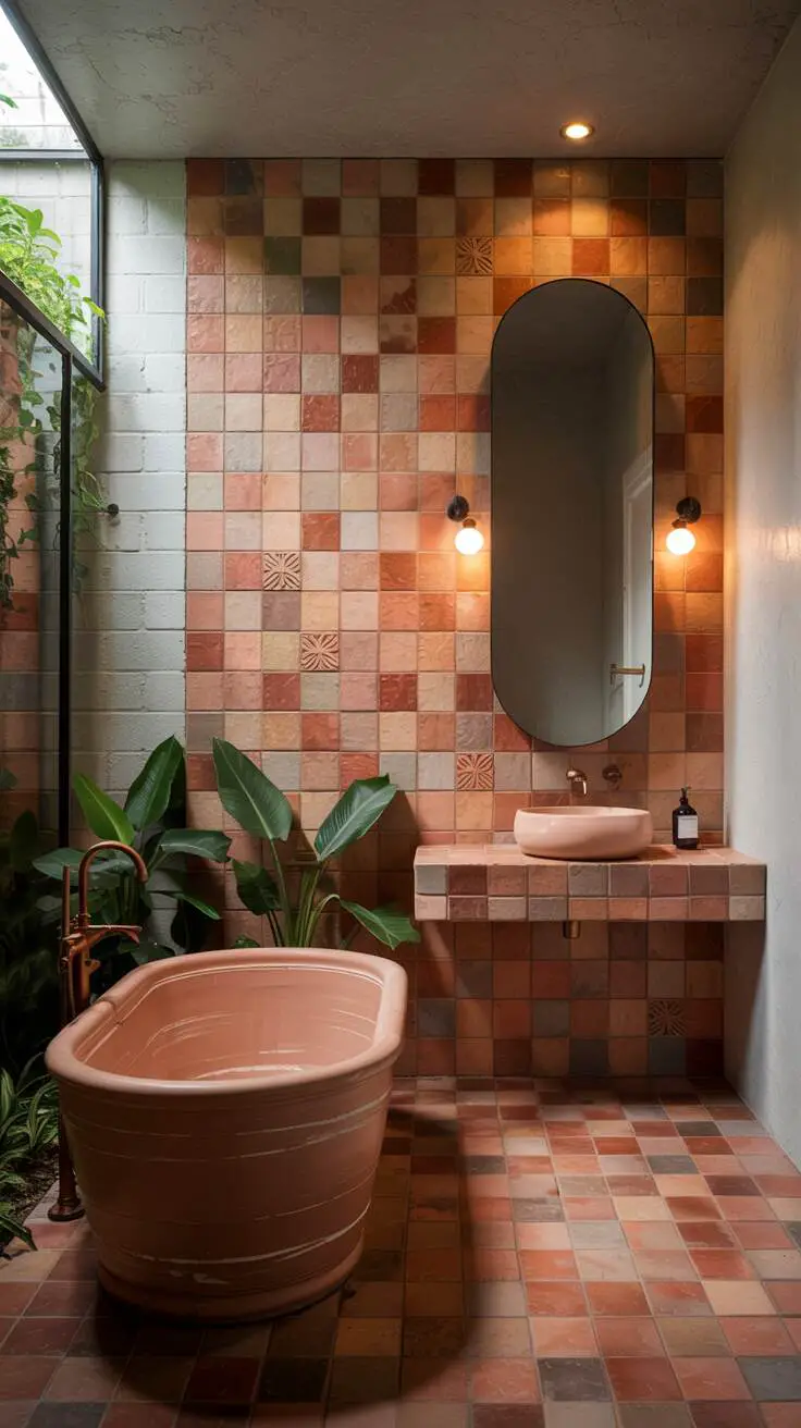 23 Gorgeous Terracotta Bathroom Ideas for Warm Vibes 16 A complete stylish bathroom with a freestanding bathtub, terracotta tiles with geometric patterns, matching vanity, and plants