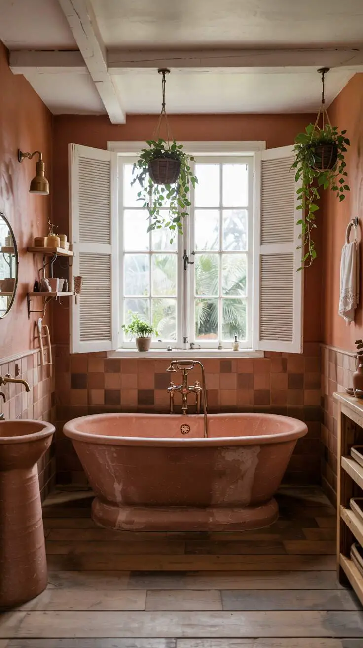 23 Gorgeous Terracotta Bathroom Ideas for Warm Vibes 17 A stylish bathroom with a freestanding terracotta bathtub, textured geometric wall, wooden shutters, and hanging plants
