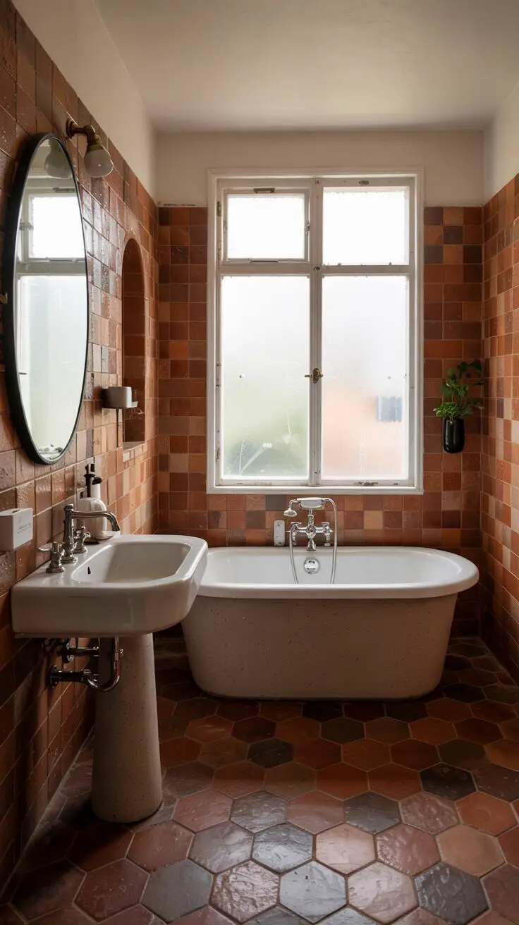 23 Gorgeous Terracotta Bathroom Ideas for Warm Vibes 18 A stylish bathroom with terracotta hexagonal floor tiles, herringbone wall pattern, white sink, and freestanding bathtub