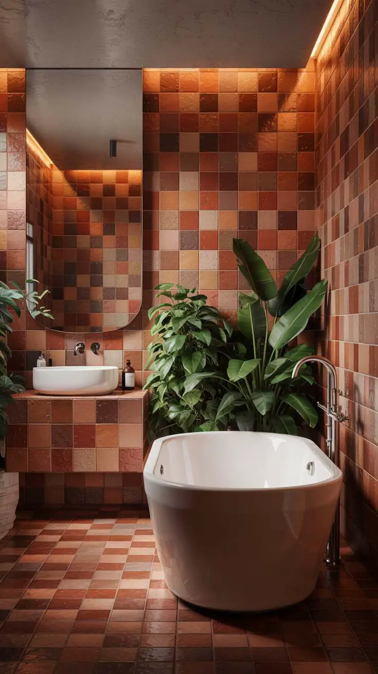 23 Gorgeous Terracotta Bathroom Ideas for Warm Vibes 19 A stylish bathroom with rich terracotta tiles, a modern freestanding bathtub, a floating vanity with a white sink, and green plants