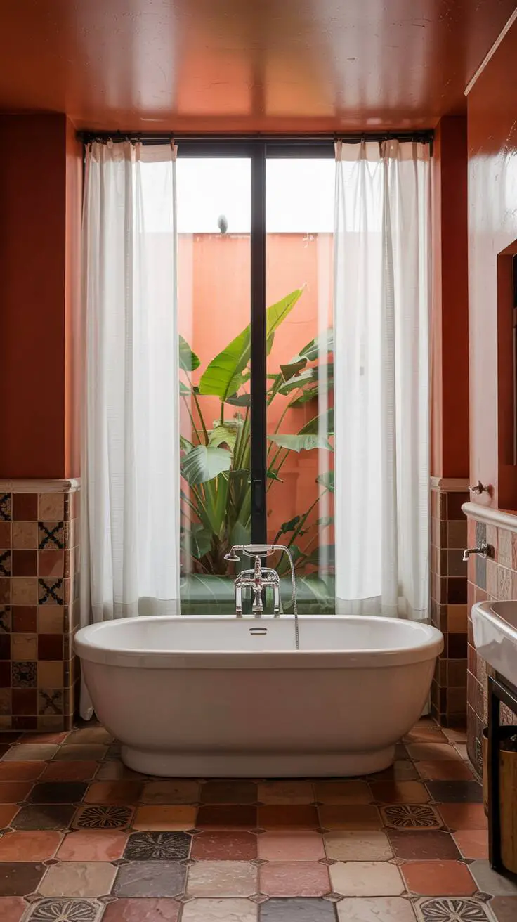 23 Gorgeous Terracotta Bathroom Ideas for Warm Vibes 20 A stylish bathroom with a freestanding bathtub positioned near a floor-to-ceiling window, terracotta tiles with geometric patterns, and stone flooring