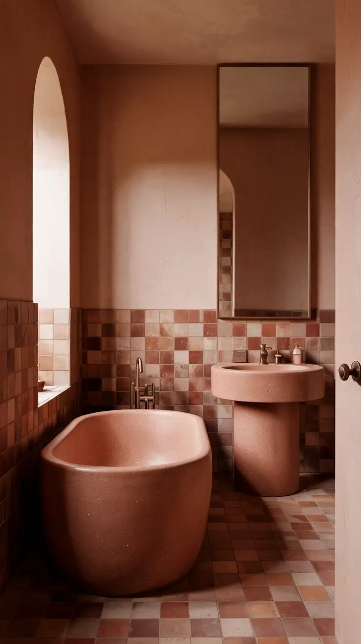 23 Gorgeous Terracotta Bathroom Ideas for Warm Vibes 21 A stylish bathroom with a terracotta bathtub, ombré effect wall tiles, modern sink, framed mirror, and natural lighting