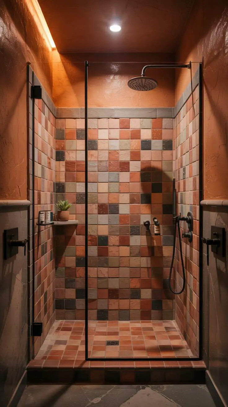 23 Gorgeous Terracotta Bathroom Ideas for Warm Vibes 22 A stylish bathroom with graduated terracotta wall tiles, a modern walk-in shower with chrome fixtures, and a small succulent