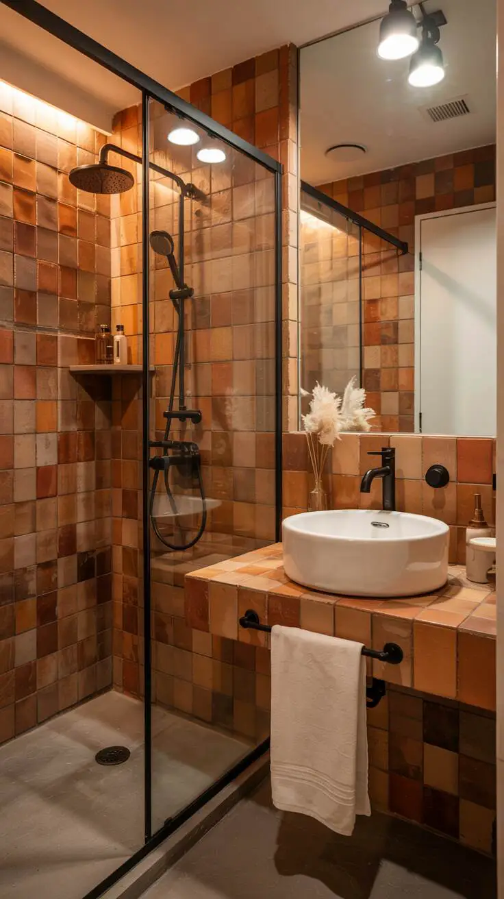 23 Gorgeous Terracotta Bathroom Ideas for Warm Vibes 23 A stylish bathroom with matte terracotta wall tiles, a frameless glass shower with rainfall head, a white basin sink, and a large mirror