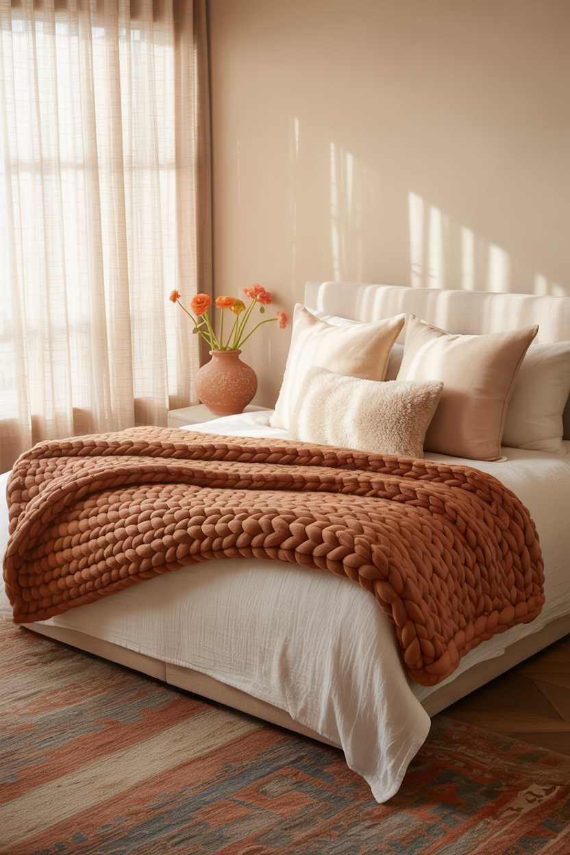 21 Terracotta Bedroom Ideas to Warm Up Your Space 1 Luxurious bedroom with king-sized bed featuring white linens and terracotta throw blanket