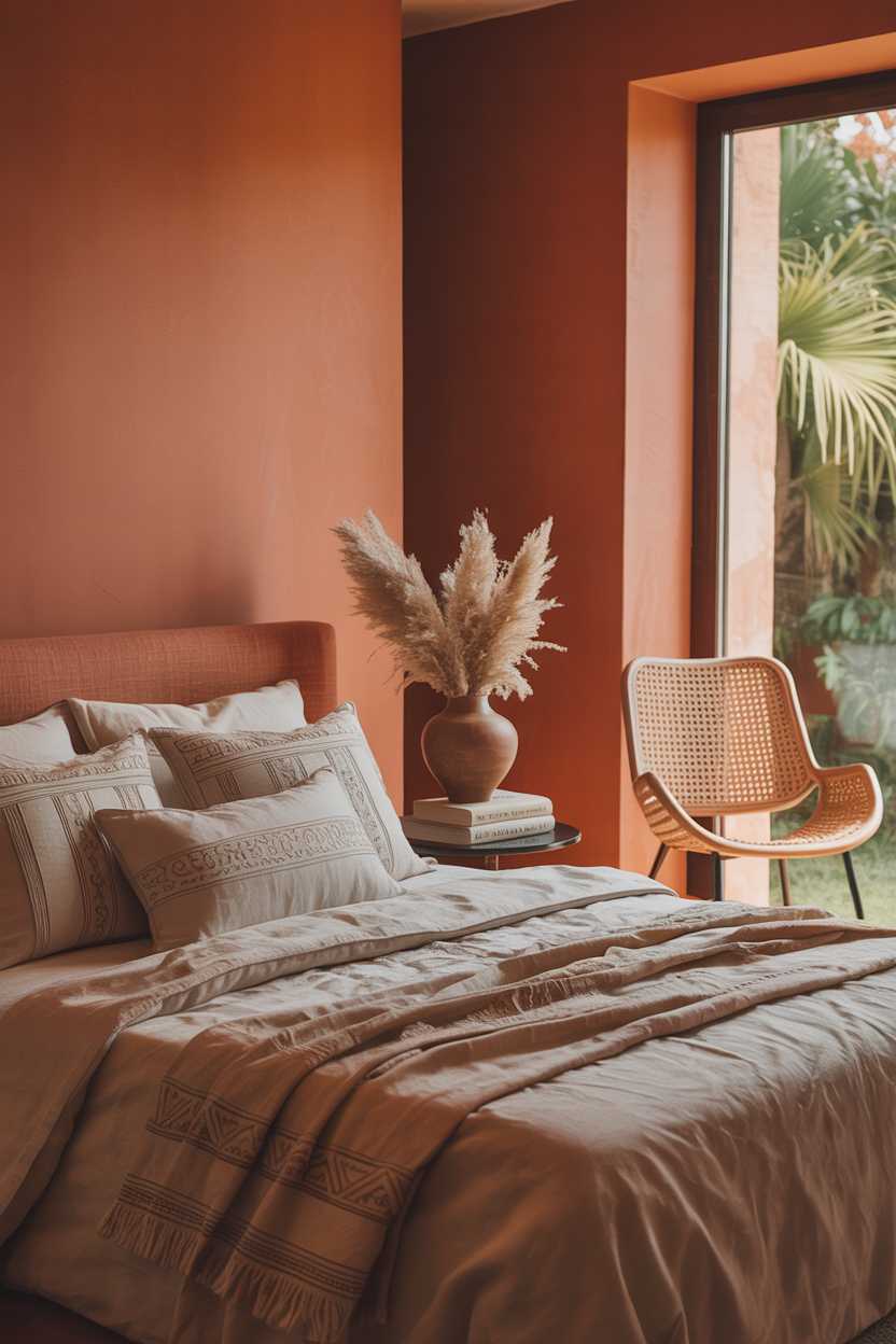 21 Terracotta Bedroom Ideas to Warm Up Your Space 2 Warm terracotta bedroom with patterned linen bedding and rattan chair by window