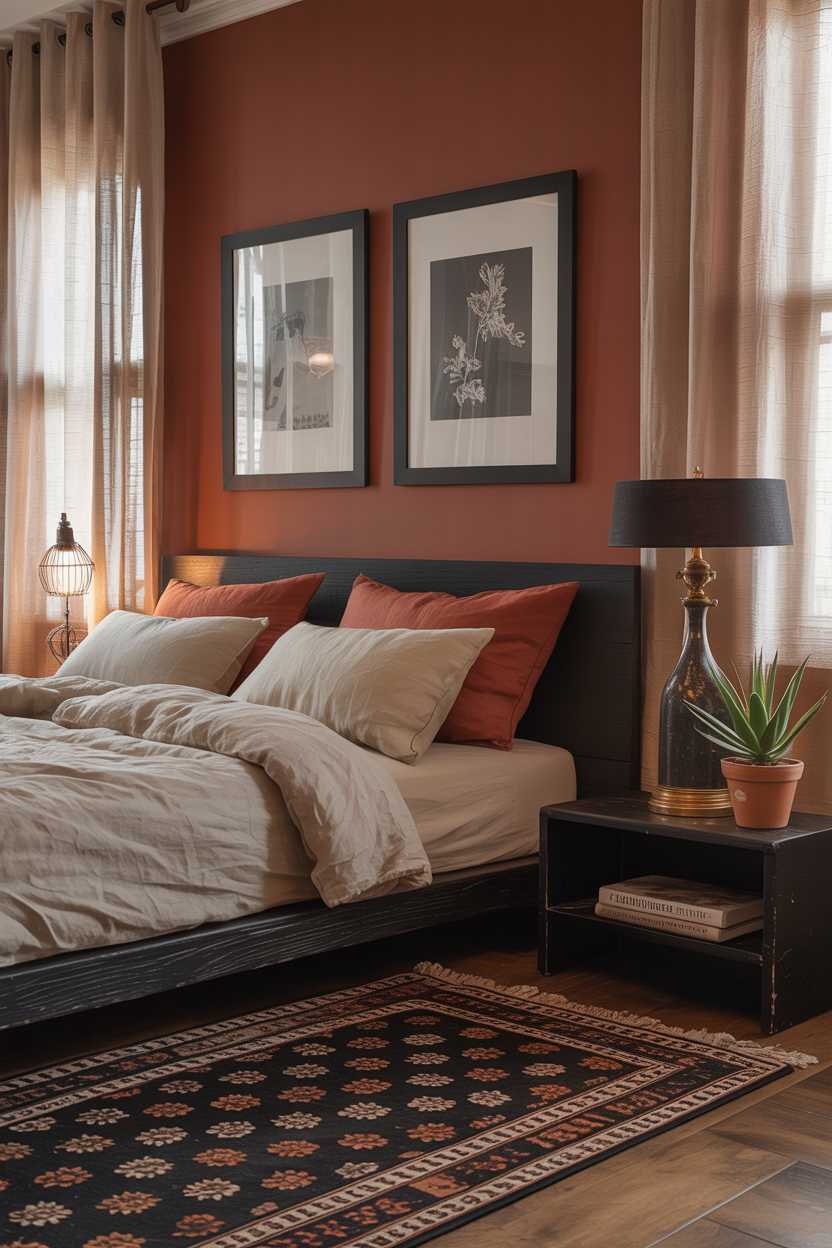 21 Terracotta Bedroom Ideas to Warm Up Your Space 3 Bedroom with deep terracotta walls, black framed artwork, and dark wooden furniture