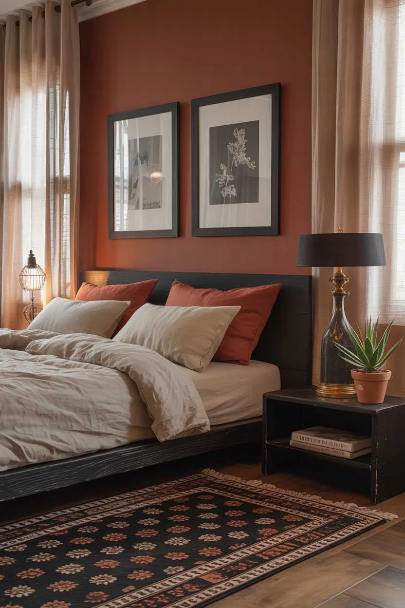 21 Terracotta Bedroom Ideas to Warm Up Your Space 3 Bedroom with deep terracotta walls, black framed artwork, and dark wooden furniture