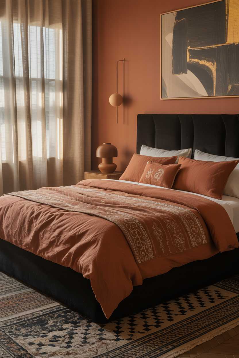 21 Terracotta Bedroom Ideas to Warm Up Your Space 4 Luxurious bedroom with black velvet headboard and terracotta linen bedding