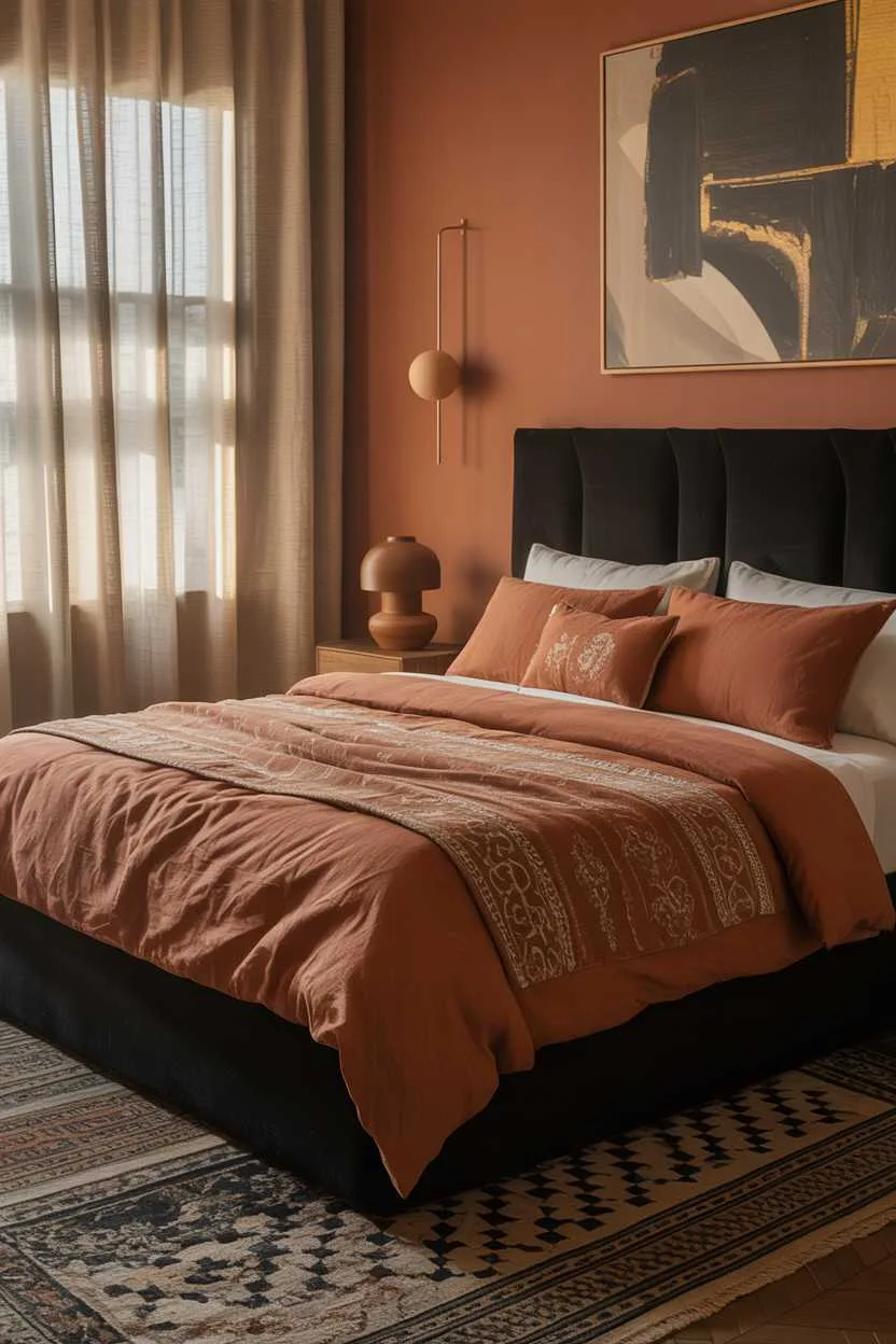 21 Terracotta Bedroom Ideas to Warm Up Your Space 4 Luxurious bedroom with black velvet headboard and terracotta linen bedding