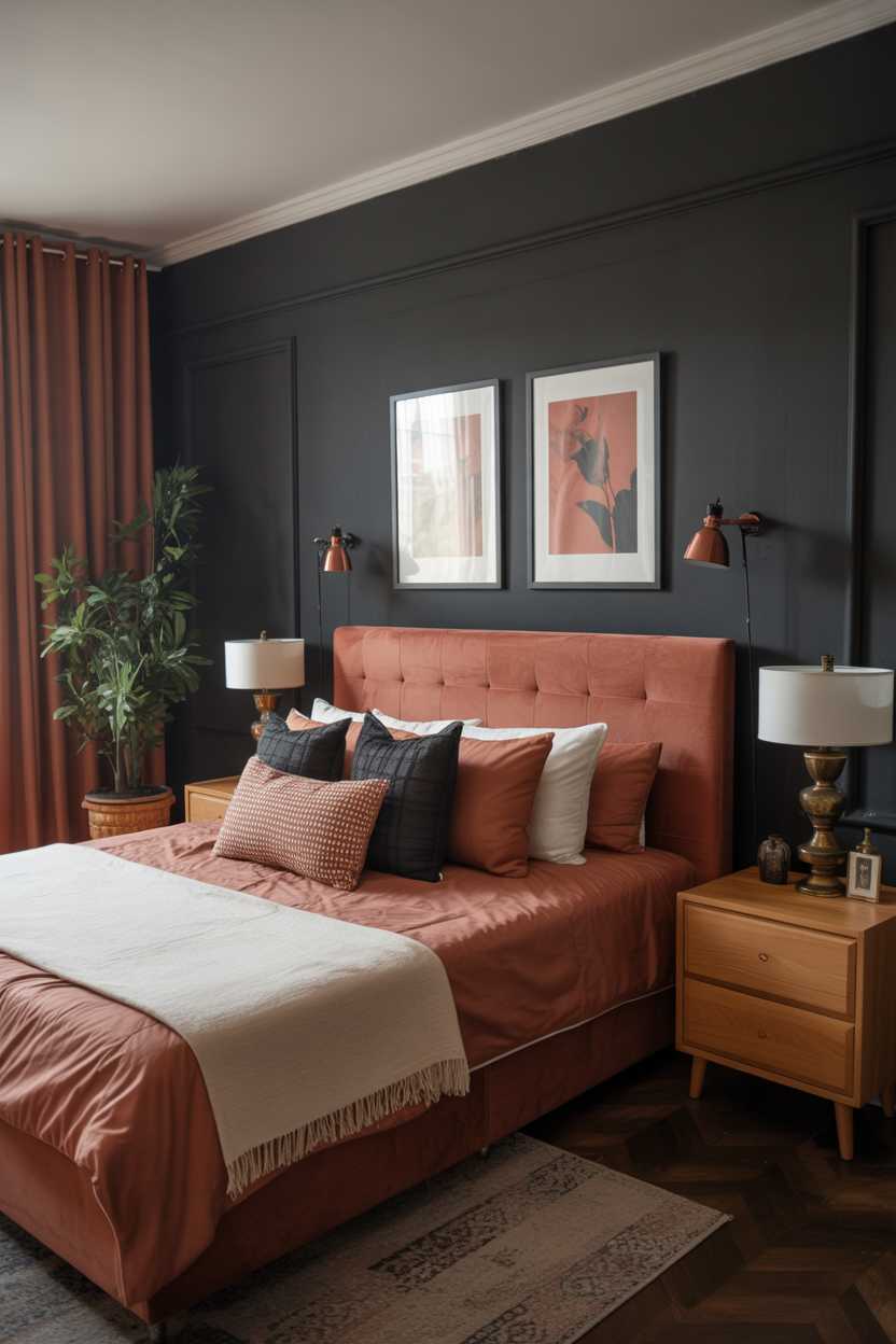 21 Terracotta Bedroom Ideas to Warm Up Your Space 5 Modern bedroom with black wall and vibrant orange bed creating bold contrast