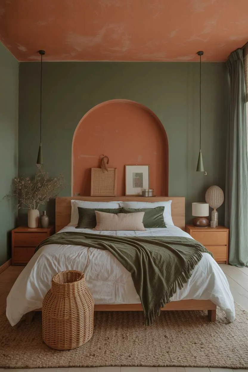 21 Terracotta Bedroom Ideas to Warm Up Your Space 6 Cozy bedroom with green walls and vibrant orange accents