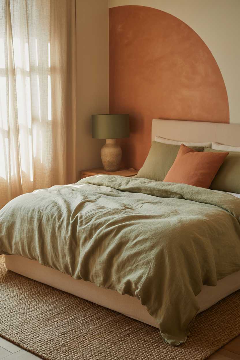 21 Terracotta Bedroom Ideas to Warm Up Your Space 7 Serene bedroom with moss green duvet and terracotta pillows against warm accent wall