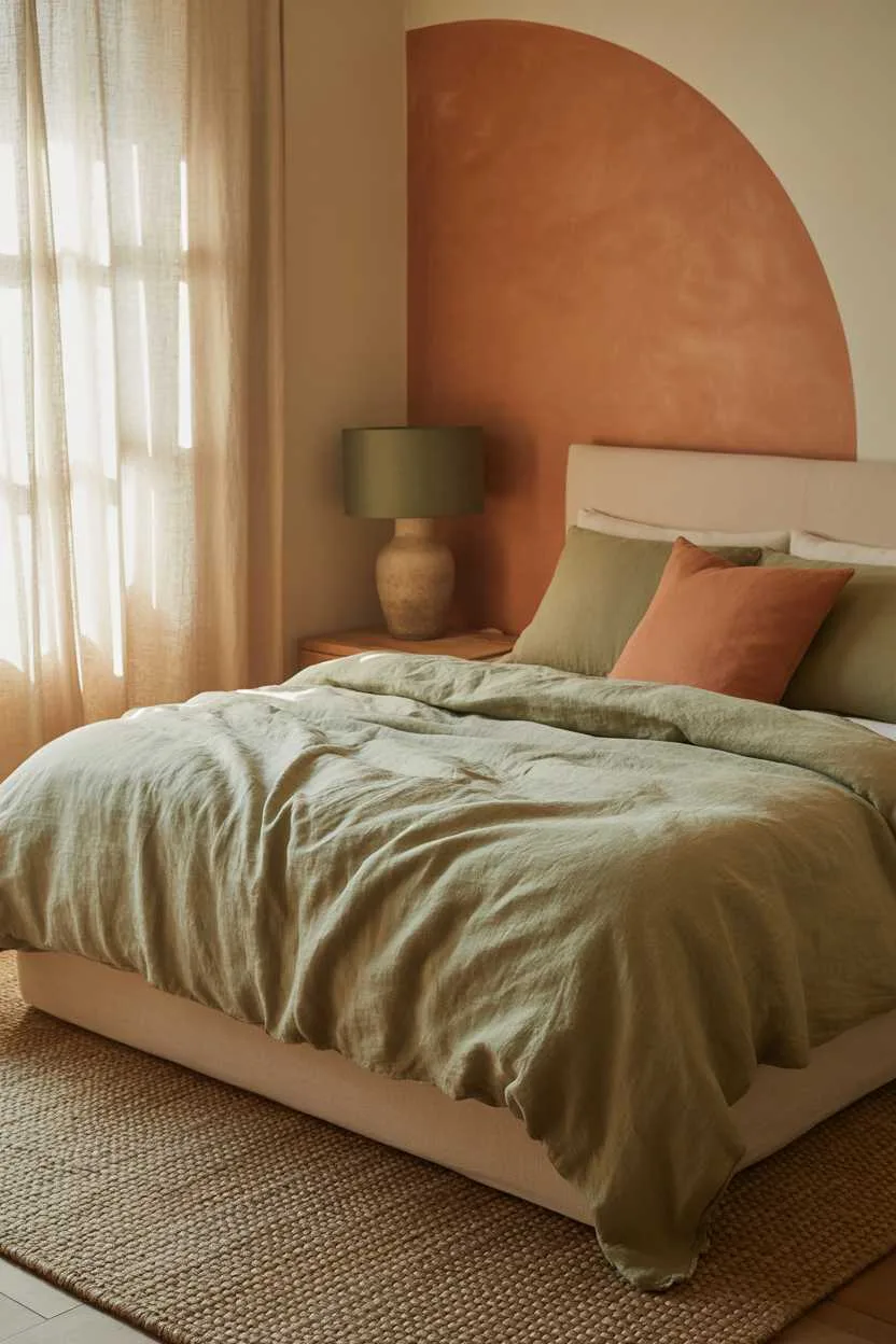 21 Terracotta Bedroom Ideas to Warm Up Your Space 7 Serene bedroom with moss green duvet and terracotta pillows against warm accent wall