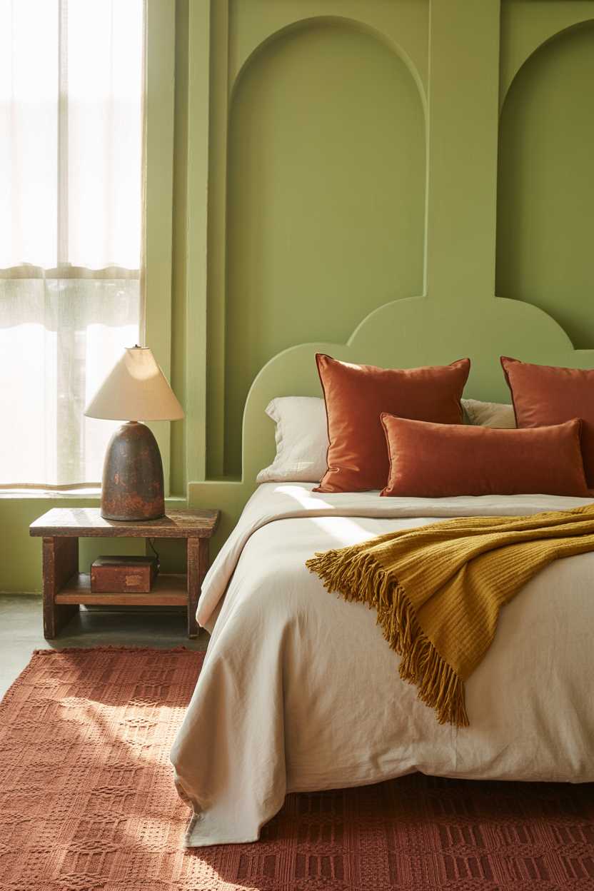 21 Terracotta Bedroom Ideas to Warm Up Your Space 8 Bedroom with white linen bed featuring terracotta pillows and green throw blanket